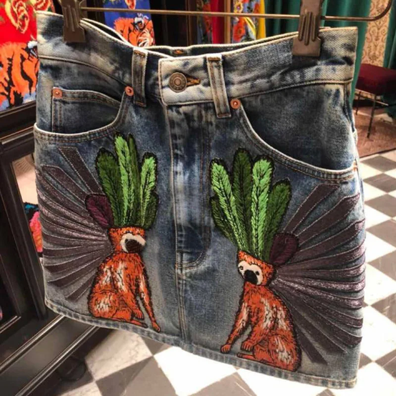 

2018 Spring Summer Runway High Waist Denim Skirt Women Casual Monkey Embroidery A line Mini Skirt Packet Blue All-Matched Jeans