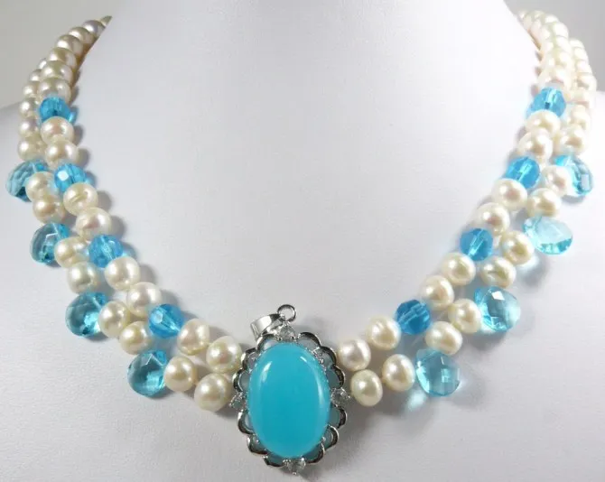 

Free shipping@@@@@ Wholesales -Jewelry 2 rows new design charming white pearl and blue crystal +blue jade pendant necklace free