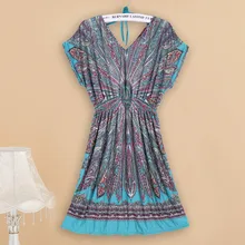 vestido feminino women plus size summer dresses 2017 Loose Ethnic Print Skater Batwing sleeve tunics vin tunic dresses elegant