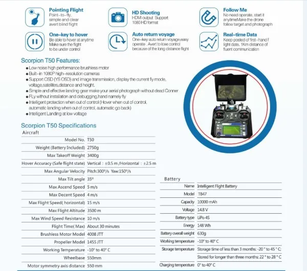 T50 профессиональной воздушной разведки RC квадролет с дистанционным управлением с видом от первого лица Летающий RC воздушная камера Квадрокоптер с дистанционным управлением с 3-осевому гидростабилизатору 10000 мАч батарея