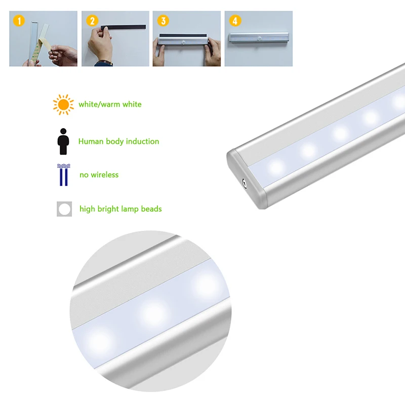 Беспроводная светодиодная подсветка под шкаф PIR датчик движения шкаф настенный светильник 10 светодиодный с жесткой полосой светильник кухонный шкаф батарея светильник ing