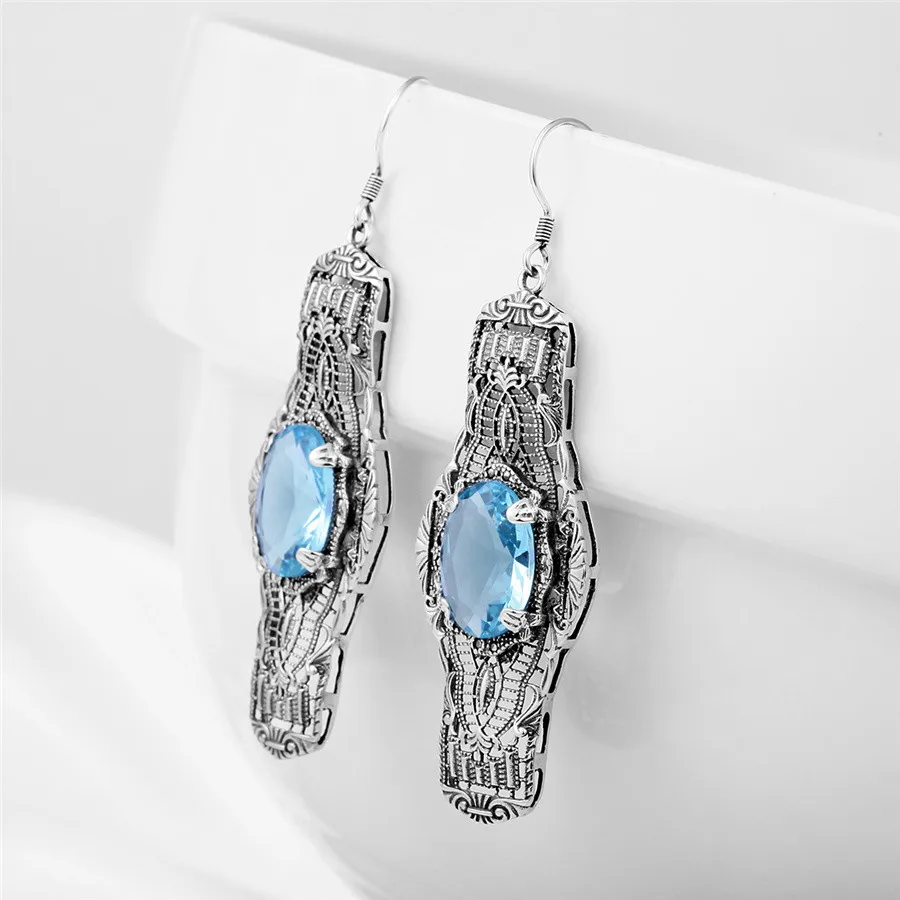 Szjinao Роскошные ювелирные изделия длинная Мода Старинная серьга Аквамарин Boho винтажные Женские подлинные серьги из стерлингового серебра 925 пробы