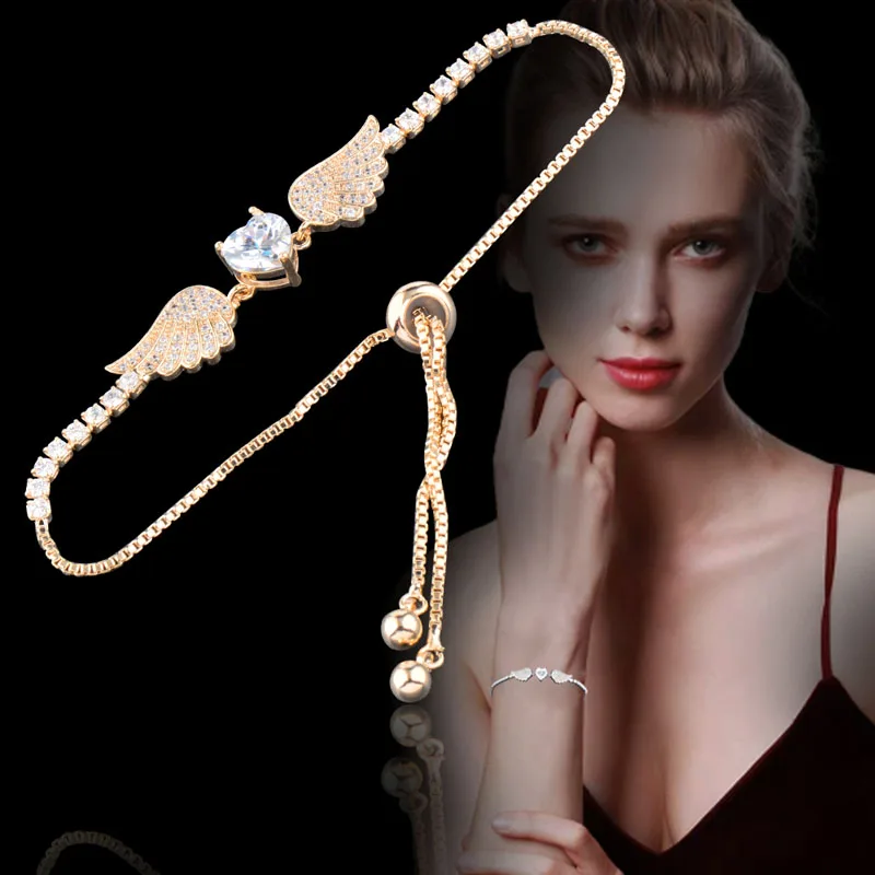 

SINLEERY Trendy Angel Wings Bracelets Love Heart Cubic Zirconia Drawstring Bangle For Women Statement jewelry Sl100 SSG