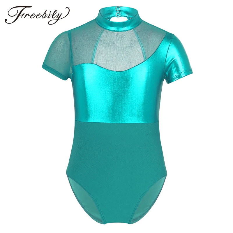 

Children Girls Shiny Metallic Mesh Splice Cutout Back Ballet Dance Gymnastics Leotard One-Piece Swimsuit for Kids Dance Wear