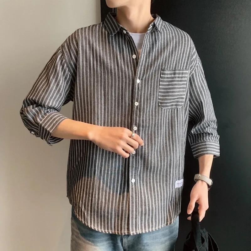 Short-sleeved shirt summer port wind stripe Korean version of the trend handsome sleeve men's loose Thin Chinese Style