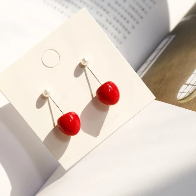 AOMU Japan Cute Sweet Simulation Gradient Red Cherry Gold Color Fruit Pearl Stud Earrings for Women Girl Lovely Party Birthday - Окраска металла: B Small