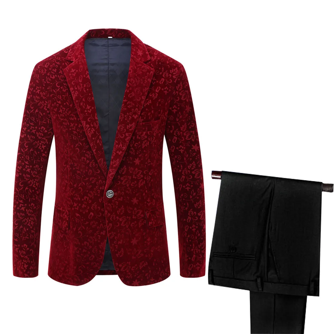 PYJTRL брендовый мужской классический комплект из 3 предметов, бархатные костюмы, стильные бордовые королевские синие Черные свадебные костюмы для жениха, приталенный смокинг, костюм для выпускного - Цвет: floral burgundy suit