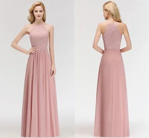 Dusty Pink Halter Bridesmaid Dresses Chiffon Country Beach Wedding Guest Party Gowns Cheap Lace Long Prom Dress
