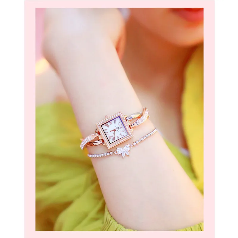 

2019 Women's Quartz Watch Silver Square New Hot Sale High-end Link Watch Custom Full Rhinestone Cross Chain Watch Chronograph