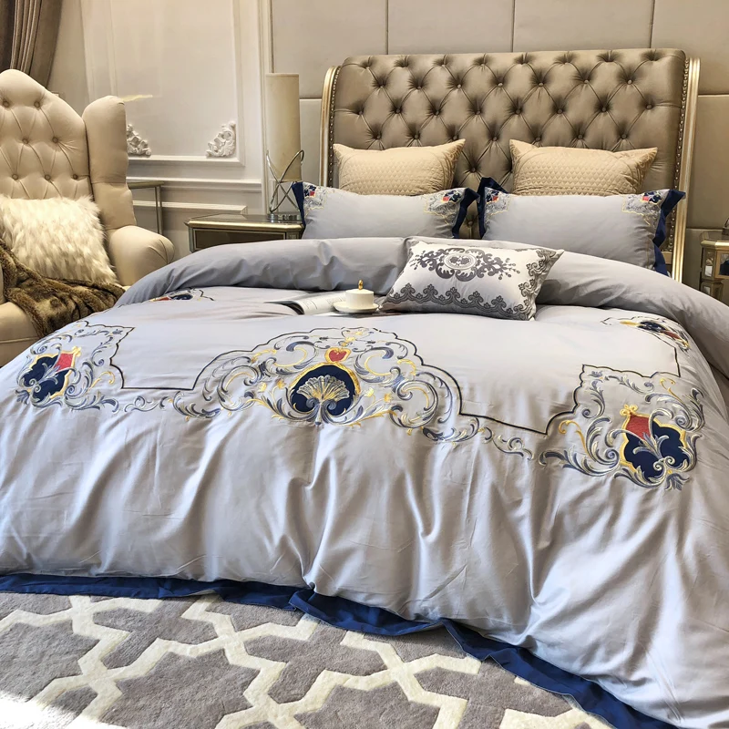 

New Grey 100S Egyptian cotton Embroidery Royal Bedding sets Queen King Luxury Duvet cover Bed sheet set Pillowcases 4/6pcs