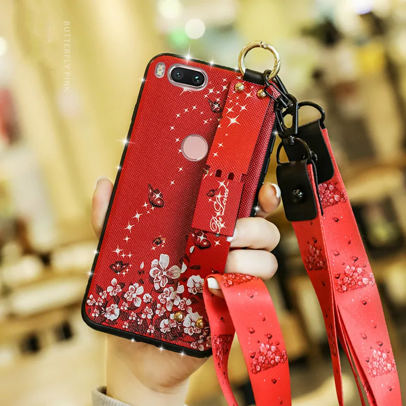 

Literary Flower Wrist Strap Hand Band Case for Xiaomi 8 SE Cover TPU Side Drill Bracket Lanyard Case for Xiaomi 5X 6X Cover Capa