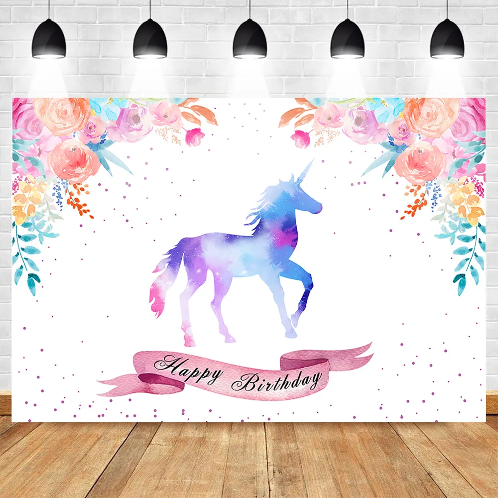 

Neoback Beautiful Unicorn Photography Backdrops Happy Birthday Photo Background for Children Watercolor Flowers Unicorn Theme