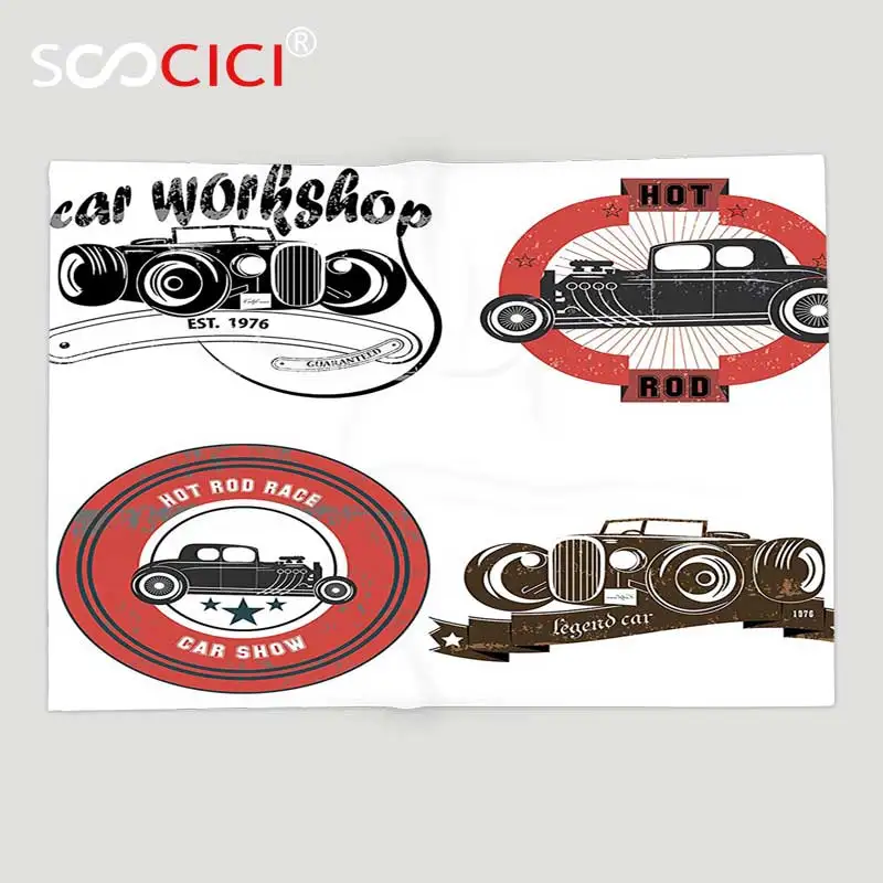Custom Soft Fleece Throw Blanket Cars Decor Retro Pop Art Style Automotive Emblem Print with Grunge Distressed Old Featured | Дом и сад