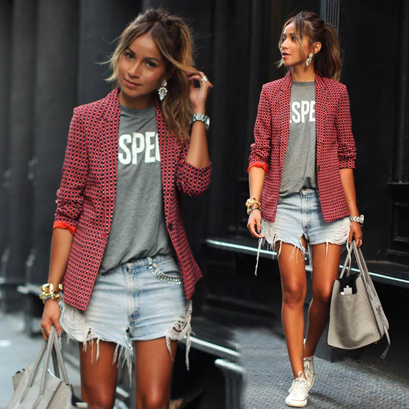 

Autunm Women's Fashion Casual Long Sleeve Red Plaid Blazer Lapel Small Suit Jacket One Button Suit Leisure Blazer Female Coat