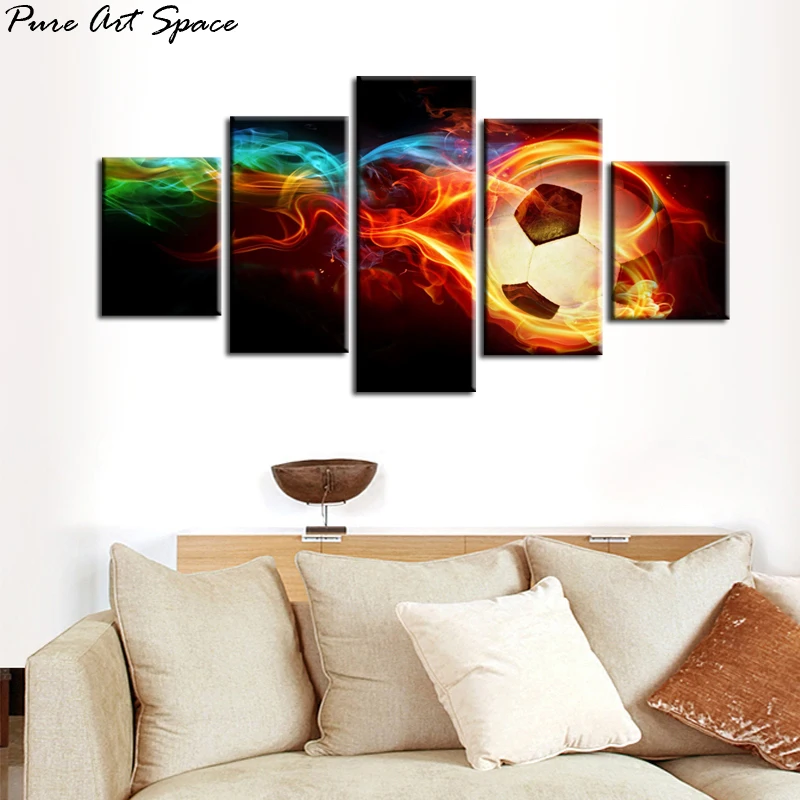 #*Cheap 5 Piece Wall Art Canvas Prints Flaming Soccer Paintings Modern Football Pictures Poster Soccer Living Room Wall Decor