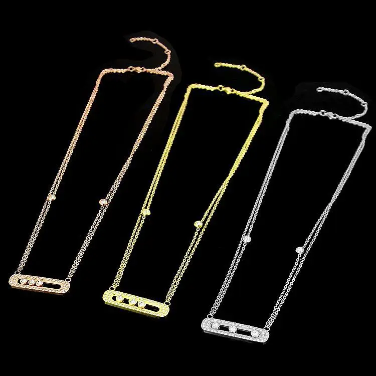 

AAA cubic zirconia moving stones pendant,double chain necklace,stainless steel famous brand jewerly for women best gifts