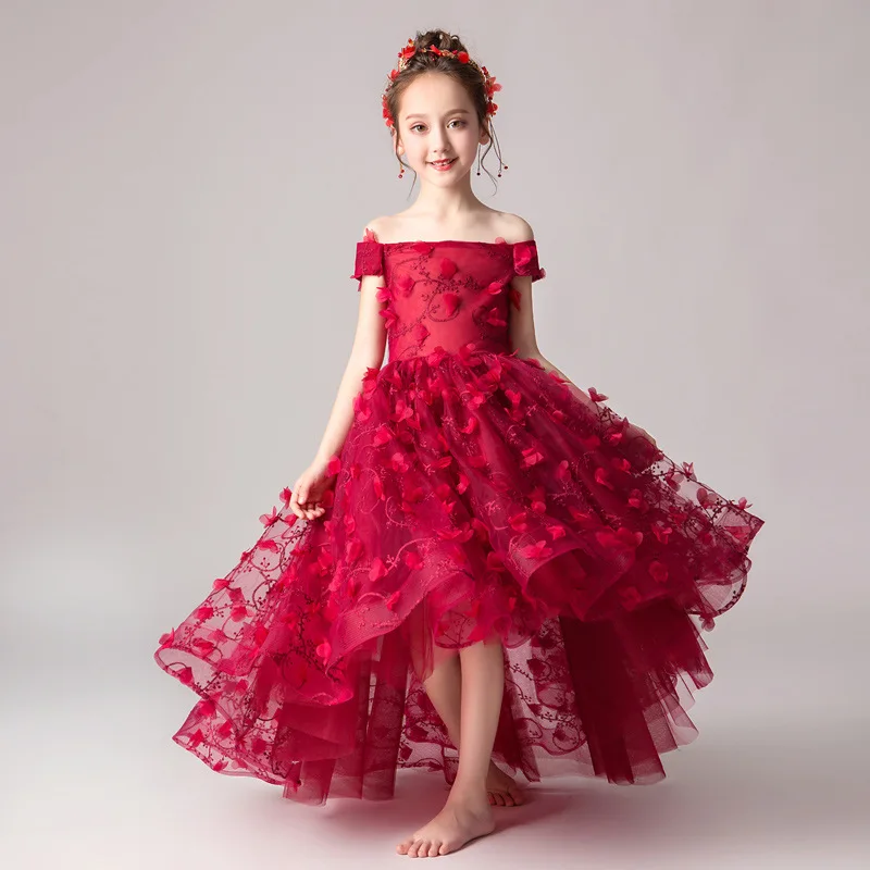 

Wine Red Flower Girl Dresses for Wedding Off the Shoulder Holy Communion Dress Appliques Embroidery Princess Birthday Gowns B495
