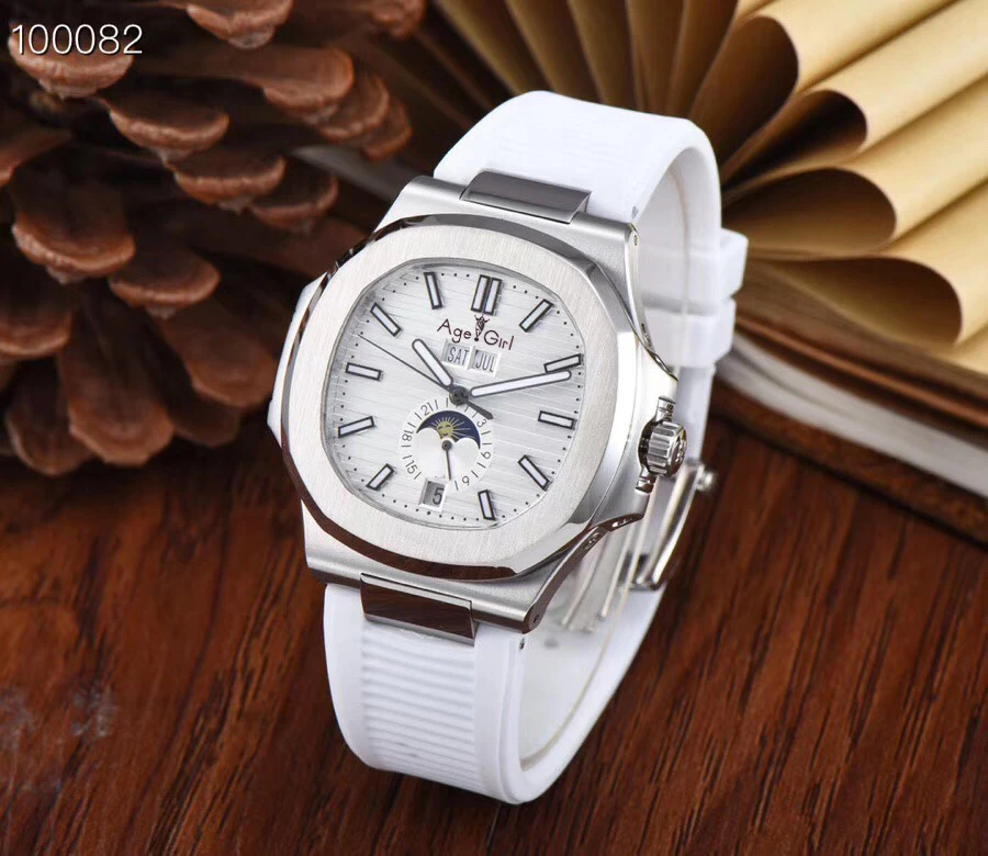 

Luxury Brand New Automatic Mechanical Men Sapphire DayDate Transparent Silver MoonPhase Watches Black Blue Leather White Rubber