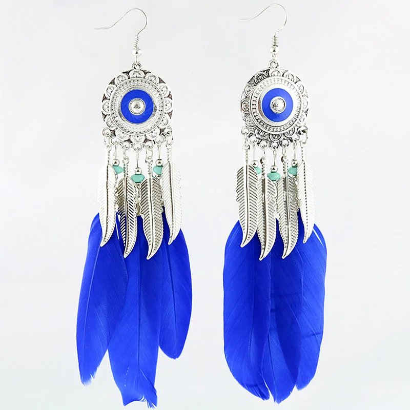 

7 Color Vintage Silver Shield Leaf Drop Earrings For Women Ethnic Indian Jewelry Ladies Long Blue Feather Dangle Earring Brincos