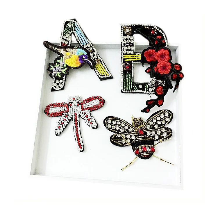 

Patches for Clothing Letter A B Crystal Beaded Bee Dragonfly Applique Stickers Sew on Embroidery Stickers DIY Patch Sequins