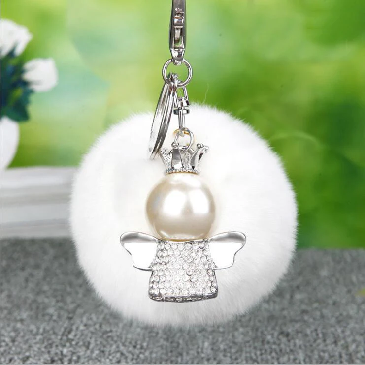 

Lovely crystal angel car key chain lady fashion bags plush fur ball fuzzy ball hang key chain mix style