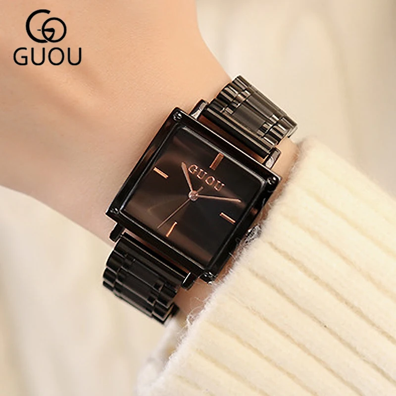 

Simple Black Square Quartz Watches Women 2018 Guou Male Waterproof Wristwatch Japan Quartz Movement Clock for Woman Ladies Girl
