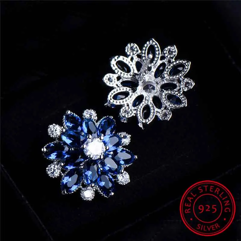 S925 стерлингового серебра Хрустальная Снежинка серьги гвоздики для женщин Белый Синий сапфировый камень зеленый циркониевый свадебные серьги, ювелирные изделия - Цвет камня: Blue Earrings