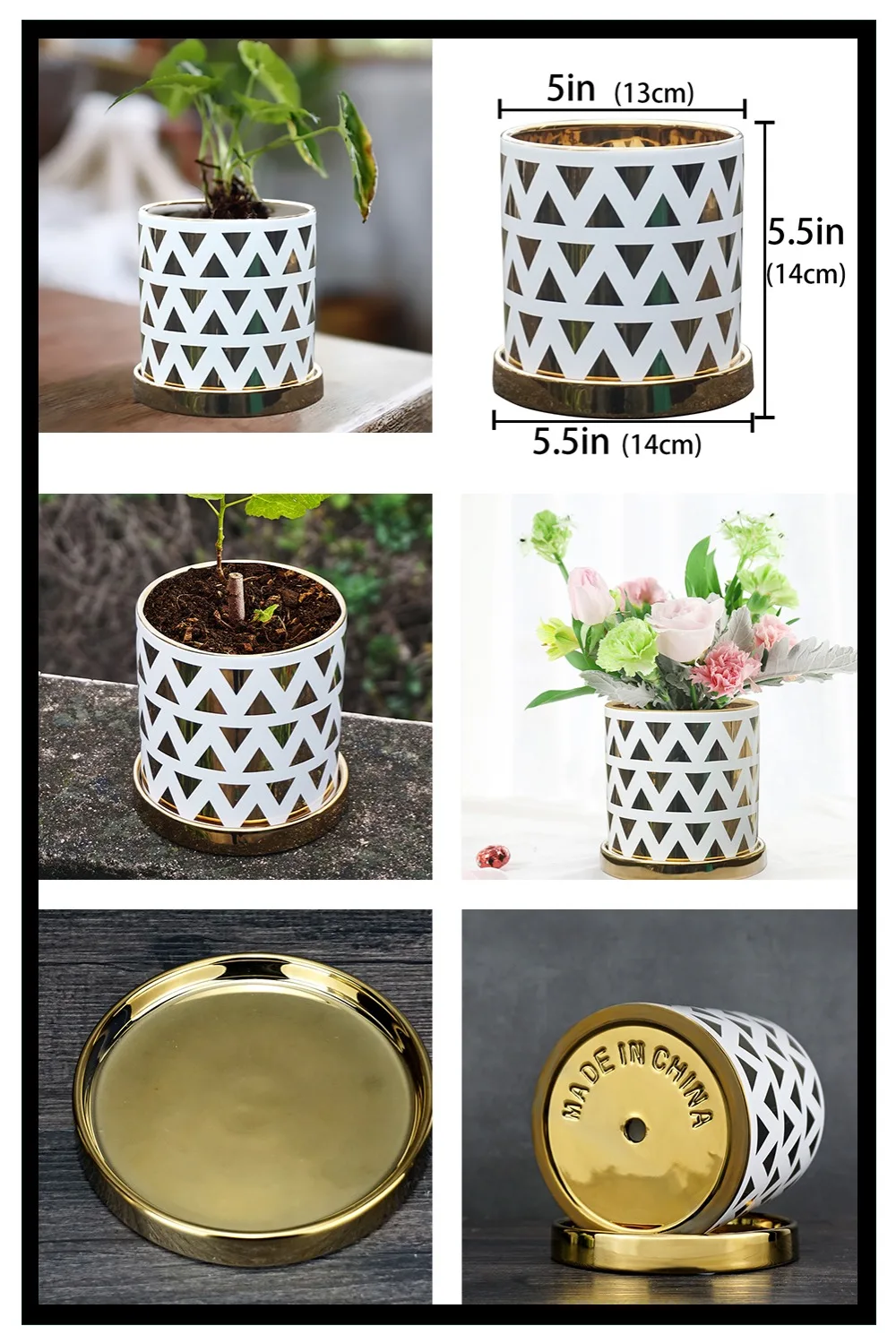 Indoor Plant Flower Pot with Saucer 13cm . White Ceramic 