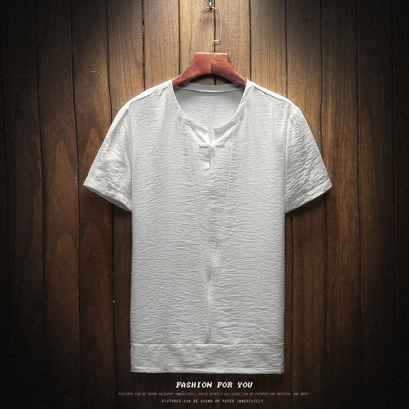

2018 summer dress hemp pure color single button large code leisure short sleeved T-shirt male board 705-T05-P20