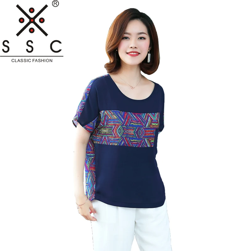 SSC Chiffon Print Stitching Women's Shirt Loose Drop Sleeves Camiseta