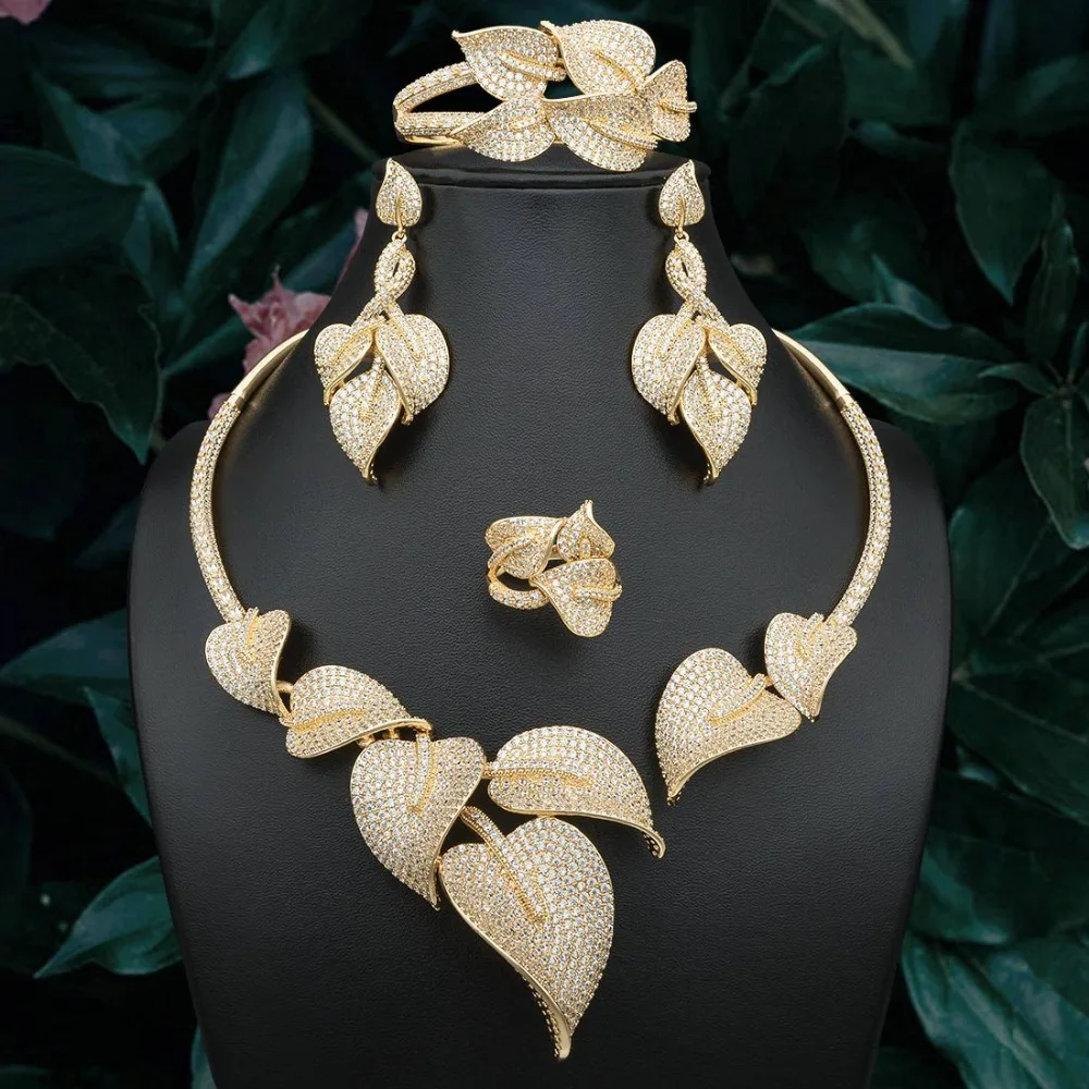 

ModemAngel High Quality Luxury Leaves Gold Color Copper Necklace Bangle Earring Ring For Dubai Women Wedding Engagement Jewelry