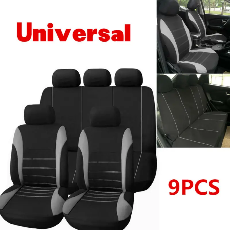 /"9 Part Gray Car Seat Covers Set for Auto w//Steering Wheel//Belt Pad//Head Rests