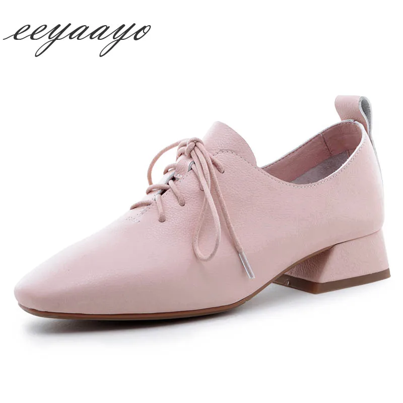 

2019 New Spring/Autumn Genuine Leather Women Pumps Middle Heel Square Toe Lace-Up Fashion Women Cow Leather Shoes Pink Pumps