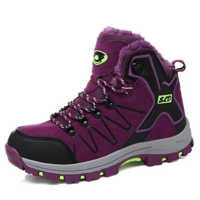 Зимние женские водонепроницаемые треккинговые ботинки с высоким берцем, обувь для альпинизма, спортивная обувь на резиновой подошве, обувь из нубука для мужчин и пар - Цвет: Фиолетовый
