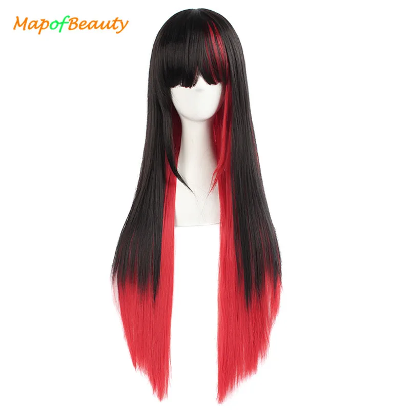 

MapofBeauty 28" Long Straight Cosplay Bob Wig Omebre Pink Black Red Wigs For Black Women Synthetic Hair Heat Resistant Peruca