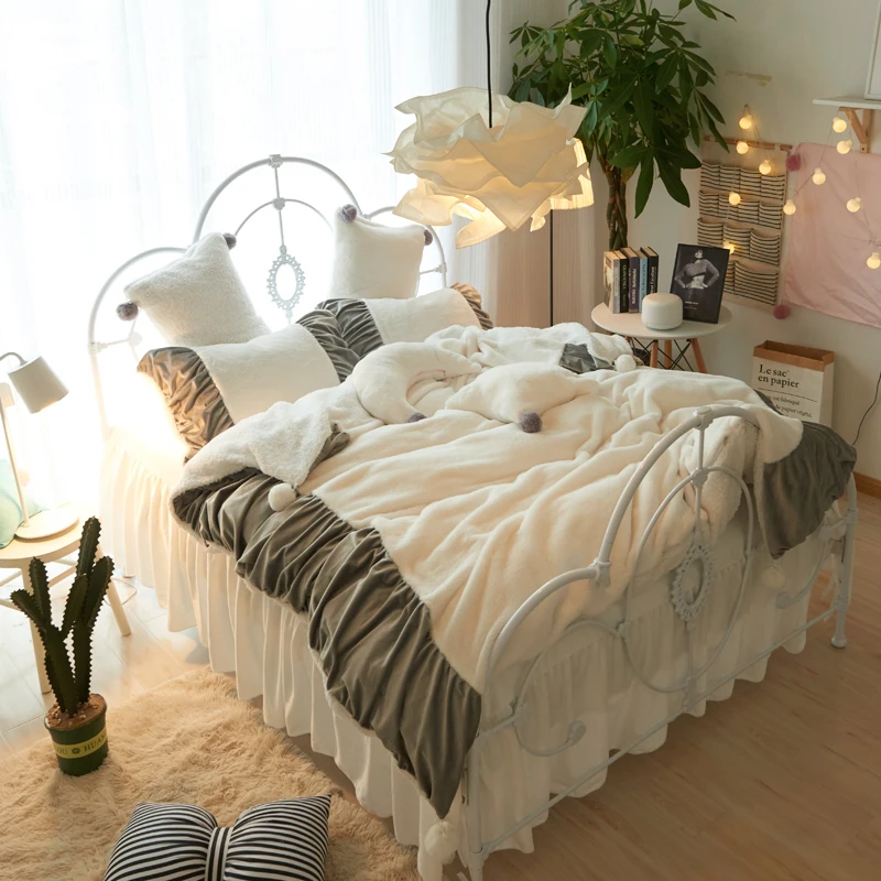 

White Pink Gray Fleece Fabric Korean Princess Style Bedding Set Berber Fleece Flannel Velvet Duvet Cover Bed Skirt Pillowcases