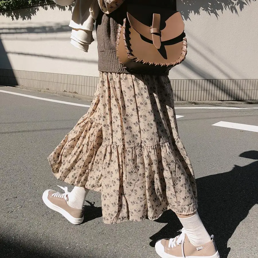 Повседневные платья, горячая Распродажа, женское платье в консервативном стиле, японское милое свободное винтажное платье с круглым вырезом и цветочным принтом, с оборками, 4511