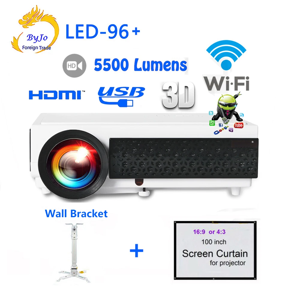 LED96+ Android WIFI Video HDMI USB DVB-T 1280x800 Full HD 1080P Home Theater 3D LED projector with Bracket and Curtain bt96 LED96+ Android WIFI Video HDMI USB DVB-T 1280x800 Full HD 1080P Home Theater 3D LED projector with Bracket and Curtain bt96
