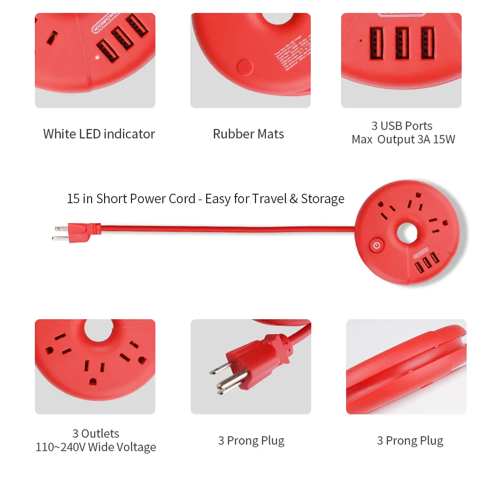 NTON power ODR маленькая Портативная USB полоса питания для путешествий штепсельная розетка США защита от перегрузки 3AC розетка с 3 USB умным зарядным портом