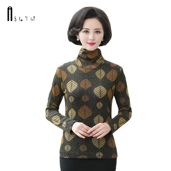

ASLTW Turtleneck Bottoming Shirt Women New Autumn Winter Warm Plus Velvet Top Women Fashion Leaf Pattern Female Tops