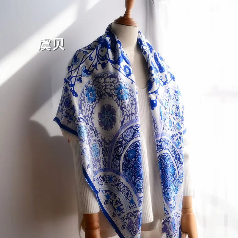 Синий и белый фарфор настоящий шарф из натурального шелка для женщин шали шарфы квадратный шелковый шарф платок хиджаб 105*105 см
