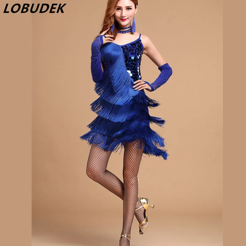Latin Dance Blue sequins tassels dress Jazz DS Female Costume Modern dancing stage costumes