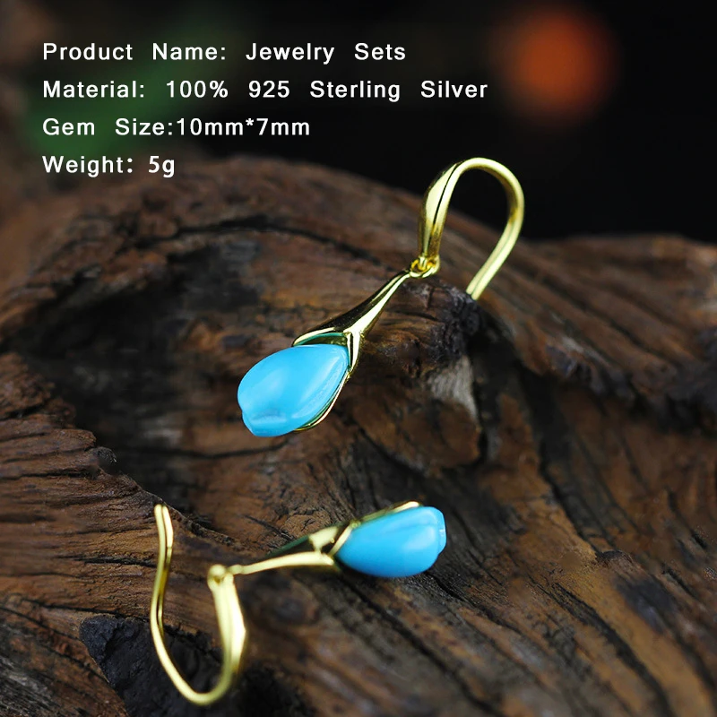 Серьги подвески из серебра 100% пробы с натуральным бирюзовым камнем|jewelry sets|set for