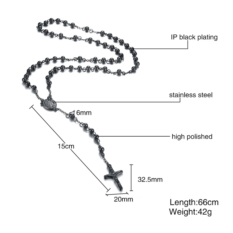 Meaeguet 76 см цепь черная из нержавеющей стали бусина цепочка Розарий Иисус Христос крест кулон длинное Очаровательное ожерелье для мужчин - Окраска металла: 350-66cm