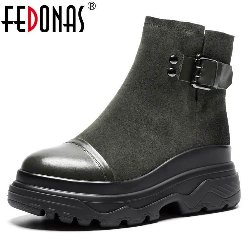 

FEDONAS New Women Wedges High Heels Martin Shoes Woman Buckles Cow Suede Short Basic Boots Round Toe Female Motorcycle Boots