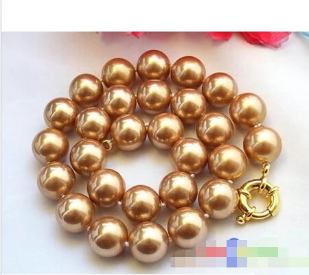 

17" 14MM CHAMPAGNE ROUND SOUTH SEA SHELL PEARL NECKLACE p982 Noble style Natural Fine jewe fast SHIPPING