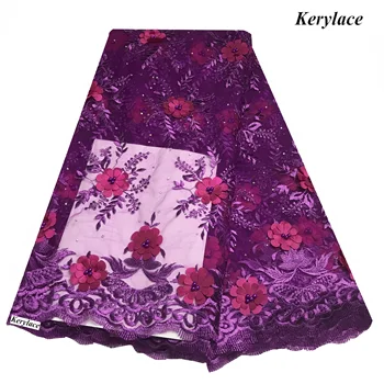 

Latest Purple African Lace 3D Appliques Beaded&Stones Swiss Voile Net Fabric Wedding Dress KRL-2773