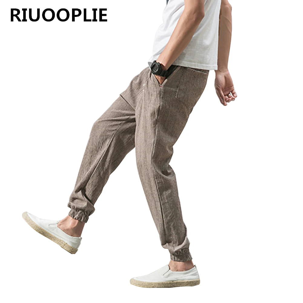 RIUOOPLIE Men Reto Casual Loose Cotton Linen Elastic Waist Lantern Pants Haren Trousers 2