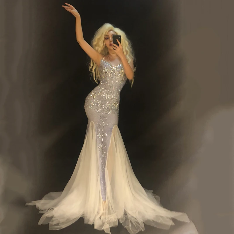 Новая мода полный стразы женские белые длинные платья сверкающими кристаллами сексуальный костюм ночной клуб вечерние певица танцор gogo