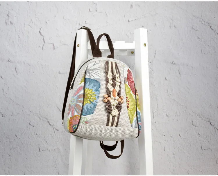 2021 New Retro Woman Backpack Female Shoulder Bag Pure Hand-woven Cotton Linen Small Rucksack Ancient Bag Student School Bags